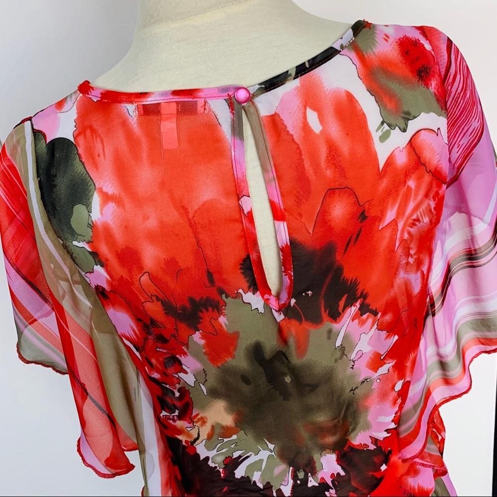 Halo Watercolor Floral Sheer Chiffon Blouse Flutter Sleeve Resort Fun Boho Top M - Picture 5 of 7